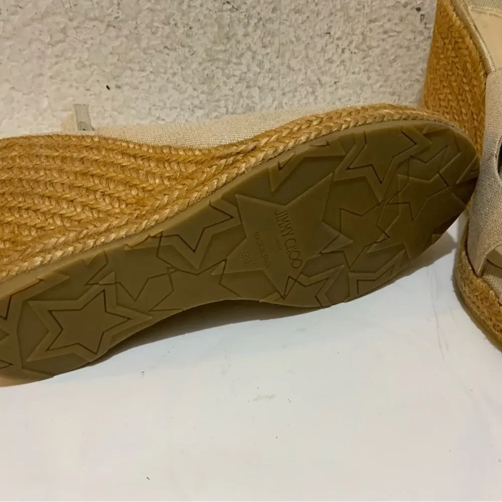 JIMMY CHOO Women’s 38 US 8 Espadrille Platform Wedge Gold Metallic Leather